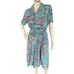 Leslie Fay Women’s Dress Button Up Short Sleeves Green Elastic Waist 10 Petites